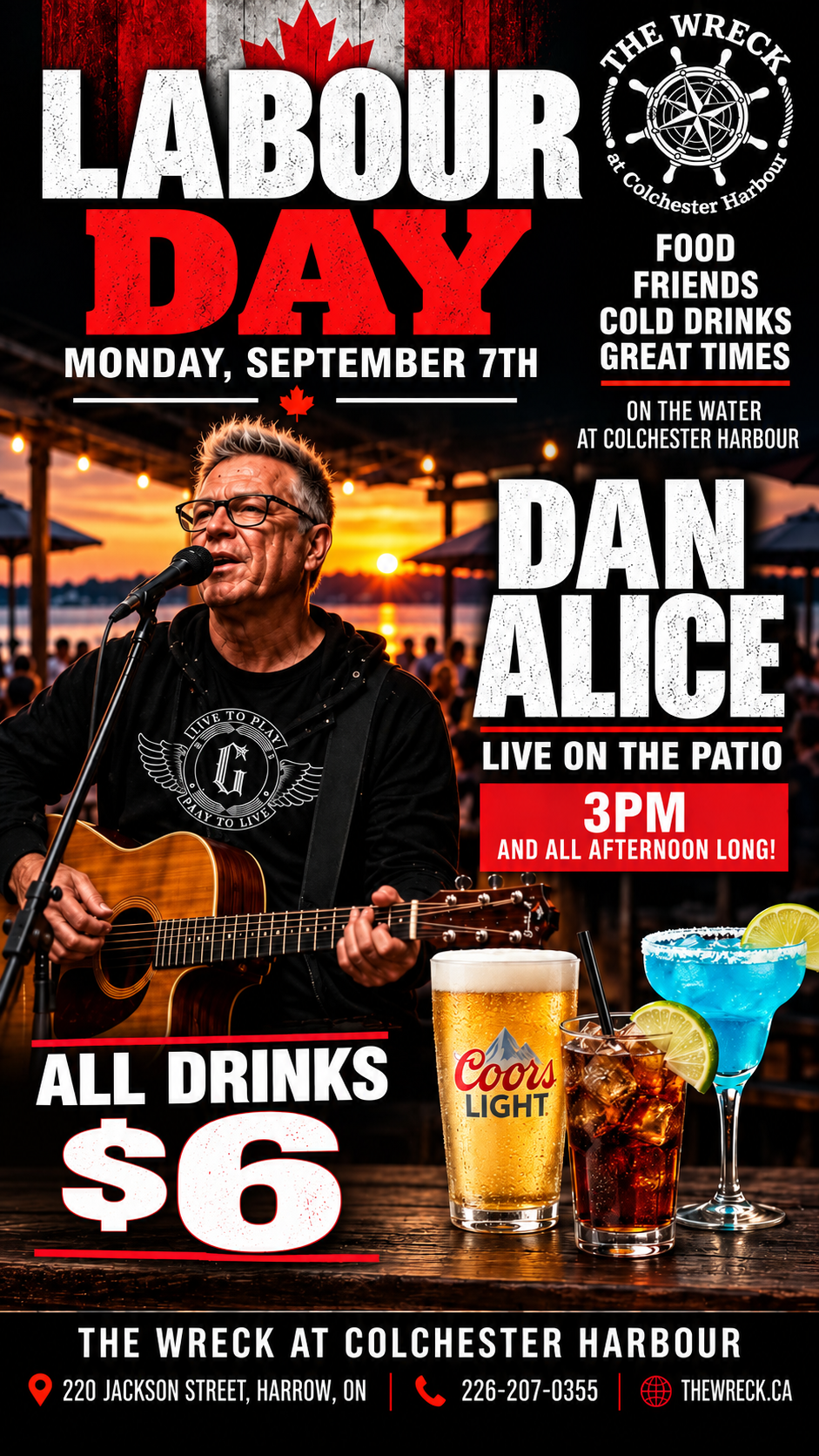 Labour Day at The Wreck – Monday, September 7th – Dan Alice live on the patio from 3PM, all drinks $6